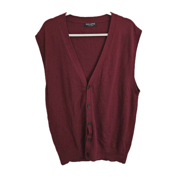 Kallspin Vest Mens XL Tall XLT Red Wool V Neck Sweater Academia Button Front - Picture 1 of 8